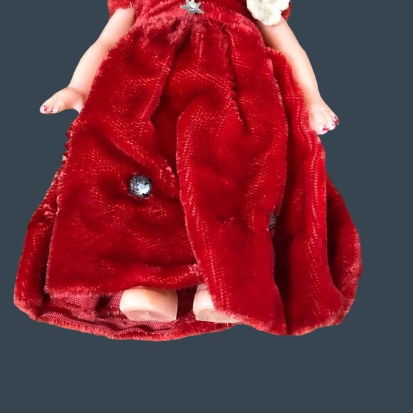 Vintage Celluloid Dolls Bride Groom Red Velvet Dress Rhinestones Cake Toppers - Picture 6 of 12
